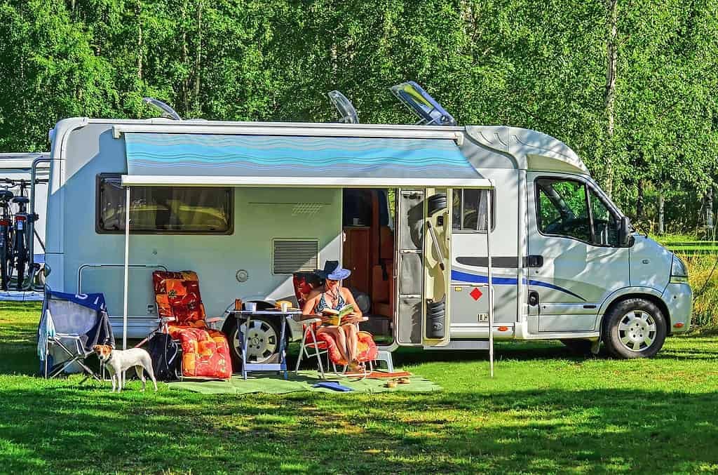 RV camping with dog in scene