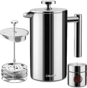 Mueller French Press Double Insulated 310 Stainless Steel Coffee Maker 4 Level Filtration System, No Coffee Grounds, Rust-Free, Dishwasher Safe